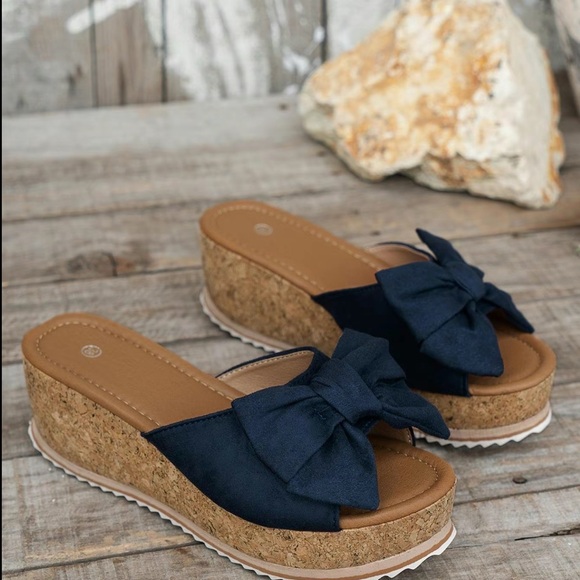 Navy Blue Bow Wedge Sandals - Picture 1 of 4